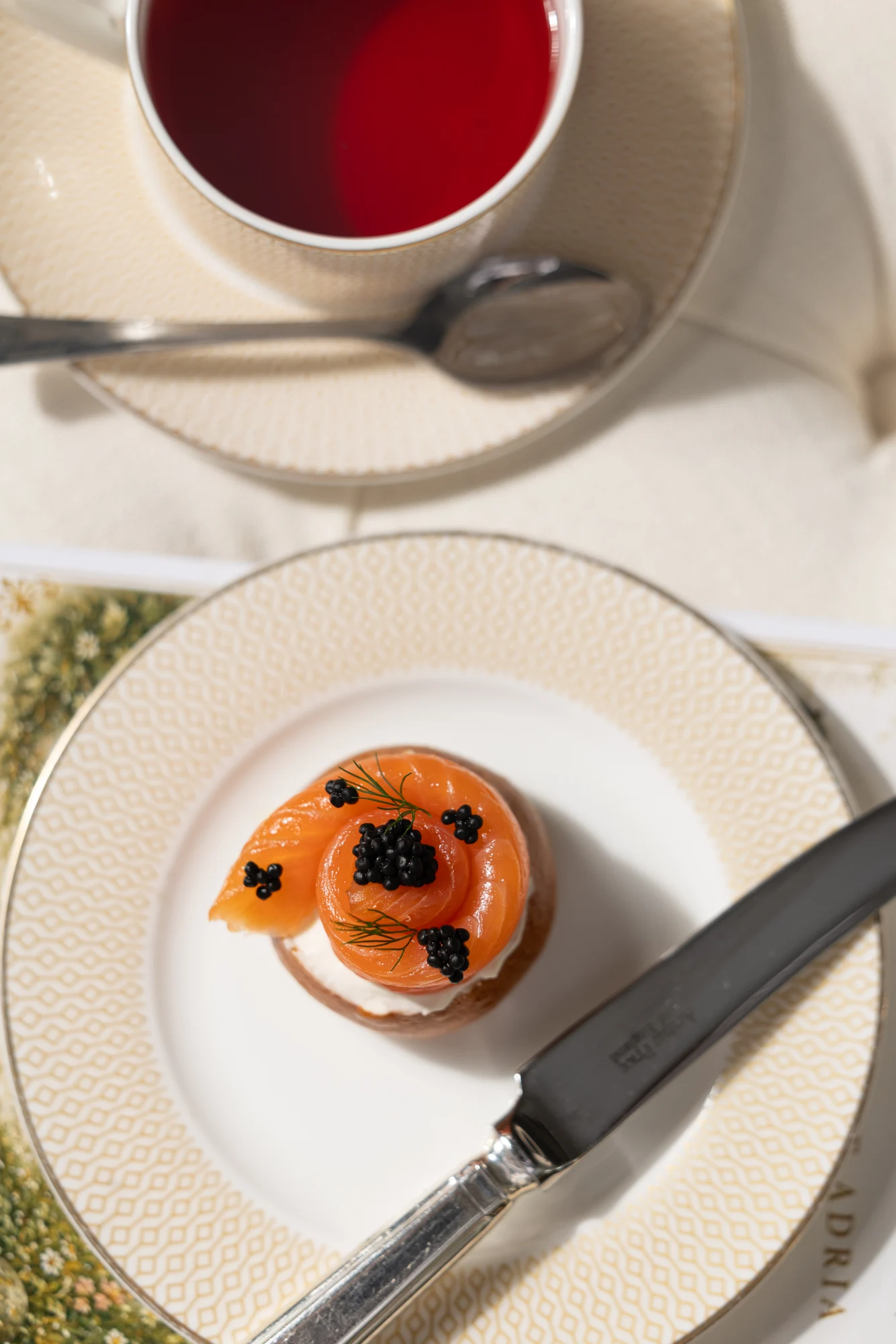 Pastry and tea photographed from above